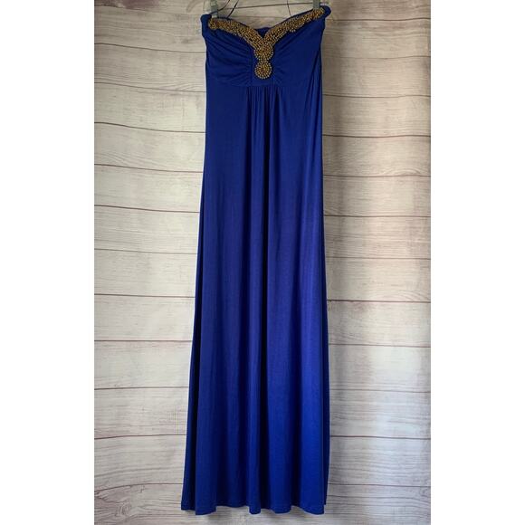 Design History Dresses & Skirts - Design History Royal Blue Strapless Maxi Dress Wood Beaded Neckline Size Missy M